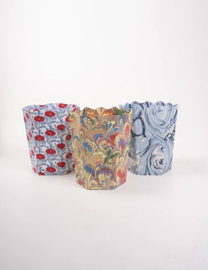 an unusually artful option: the hand marbled scallop waste bin in ocean wave is 18