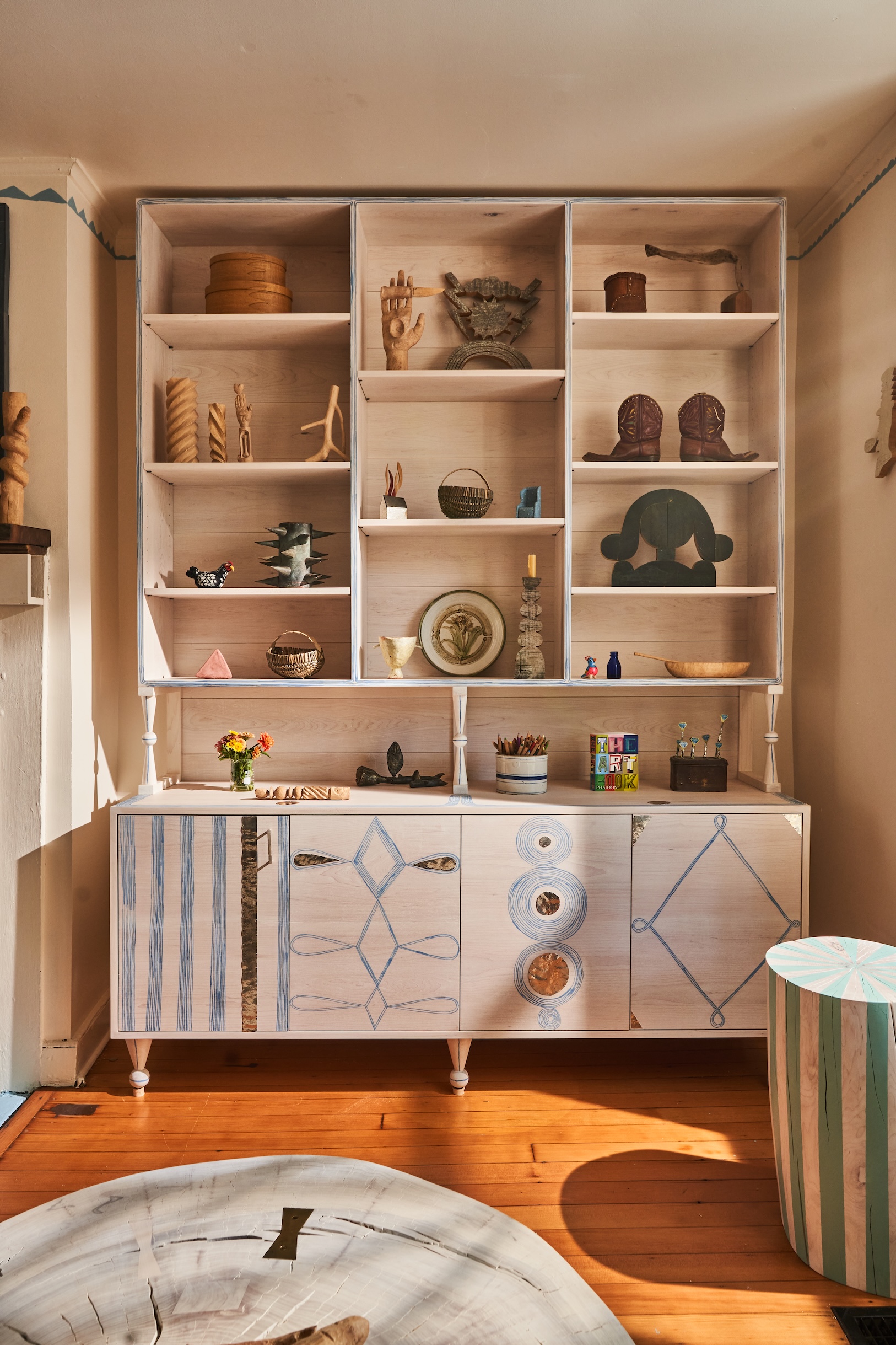 the bleached maple sideboard, painted tattoo style with india ink, displays som 21