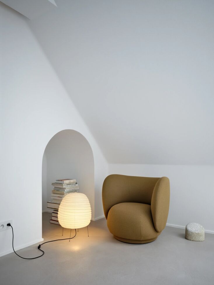 the noguchi akari \1a table lamp and ferm living rico lounge curved chair. 28