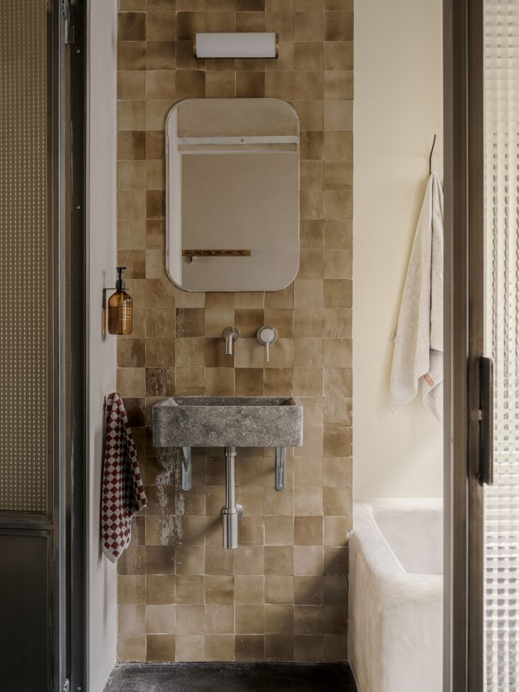 the couple used milky tea colored mosaic factory zellige tiles to fabricate a f 25