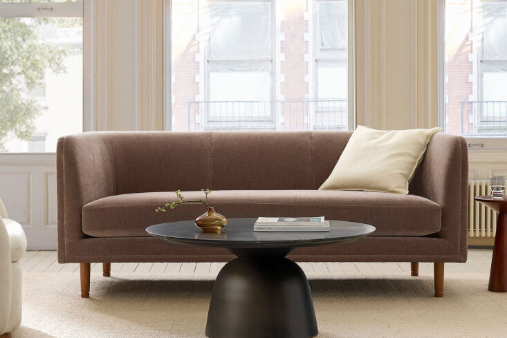the west elm marcel sofa, shown in mink performance fabric, is available in 76  18