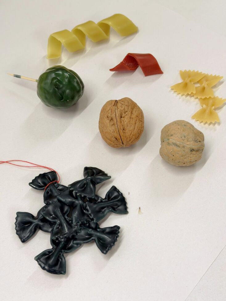 walnut shells, dried farfalle, and strips cut from sheets of beeswax. 18