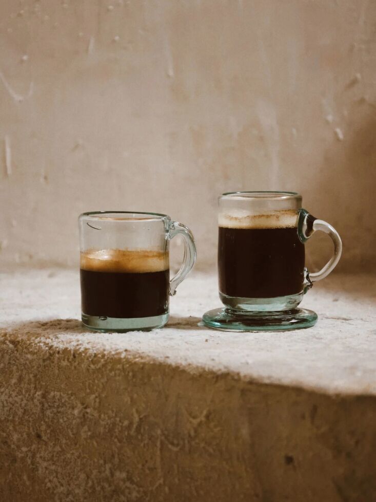 espresso cups, two ways: the expresso soucoupe (right, \$\27) has a glass & 19