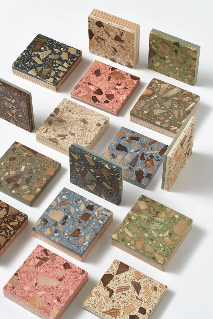 treeazzo from flooring company havwoods feature a mix of wood chips, including 20