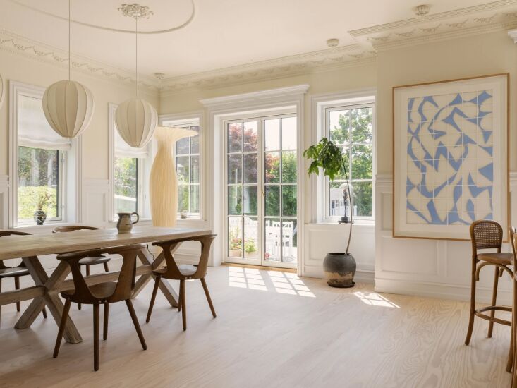 the walls were painted in file under pop dream cream. the dining chairs are the 17