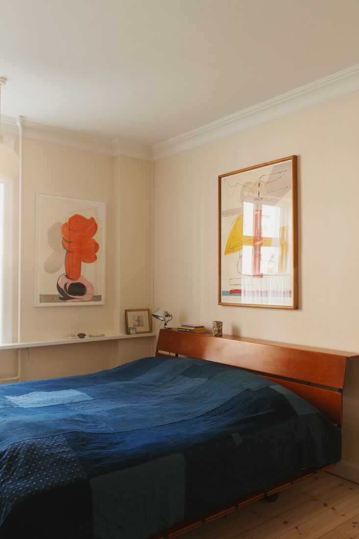 a vintage vico magistretti tadao bed frame in teak, and an indigo kasane quilt 26