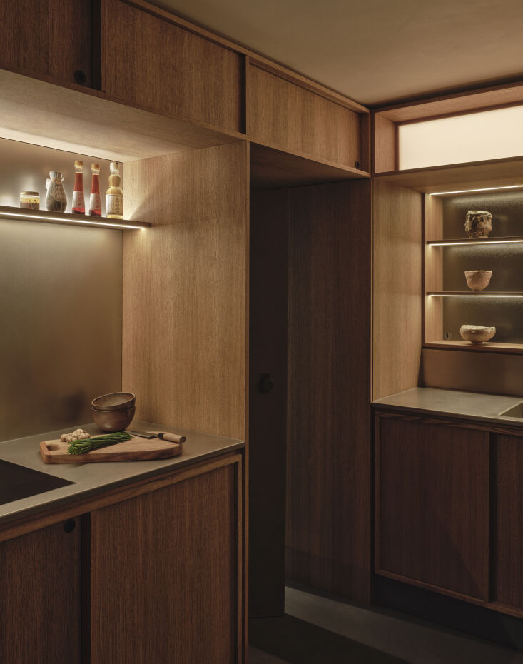 in the kitchen, with its sanded stainless steel countertops and backsplash, lou 27