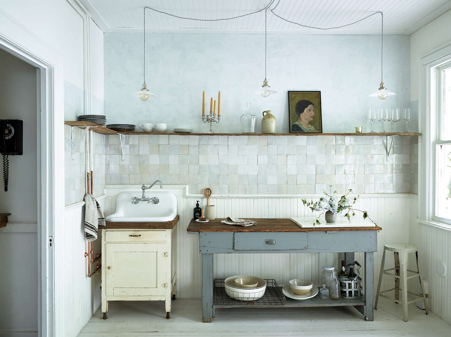 Master of Plaster provided the blue-gray Venetian plaster for the kitchen wall at This Old Hudson, an event space and photo studio in Hudson, New York: See 50 Shades of White from Zio & Sons.